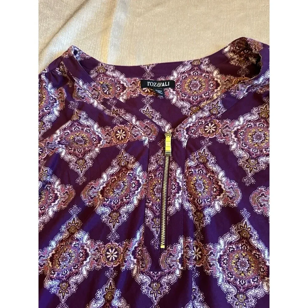 Roz & Ali 2X Plus V-neck Zip 3/4 Bell Sleeve Purple Tunic Top Boho Flowy Stretch - Picture 4 of 8